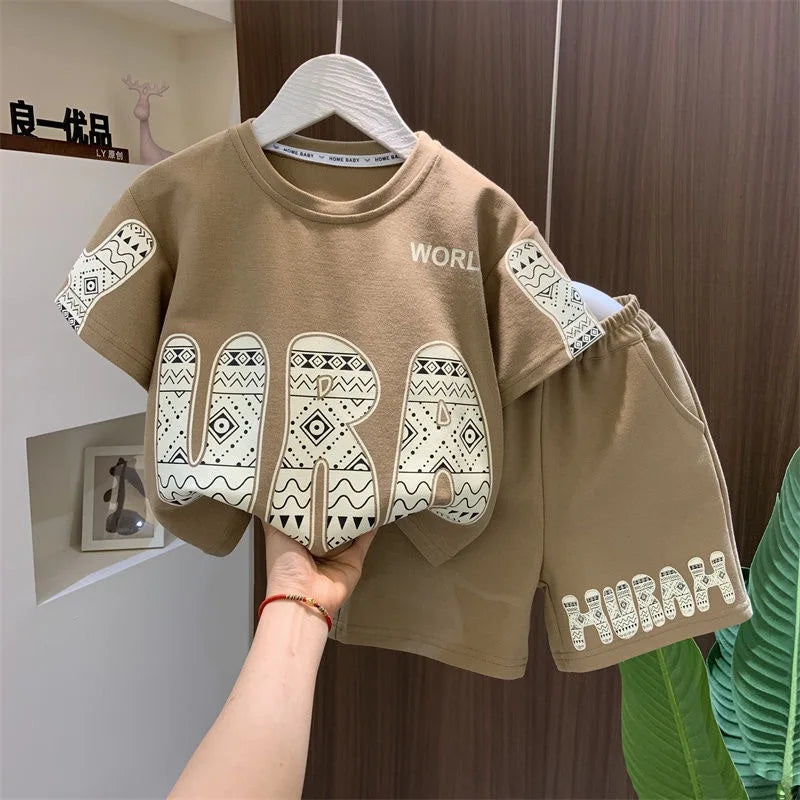 Summer Boys Cotton Leisure Print Alphabet T-Shirt+Shorts Pant Set School Kids 2PCS Tracksuit Children Sportswear Outfit 5-16 Yrs