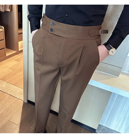 Autumn Winter High Waist Business Dress Pants Men Casual Belt Design Slim Suit Pants Formal Wedding Social Party Male Trousers