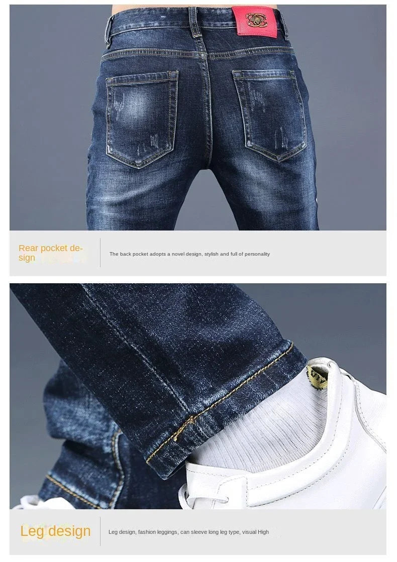 Harajuku Fashion Men's High-end Embroidered Jeans Korean Style Prints Patches Slim Fit Casual Spring Autumn Cowboy Trousers