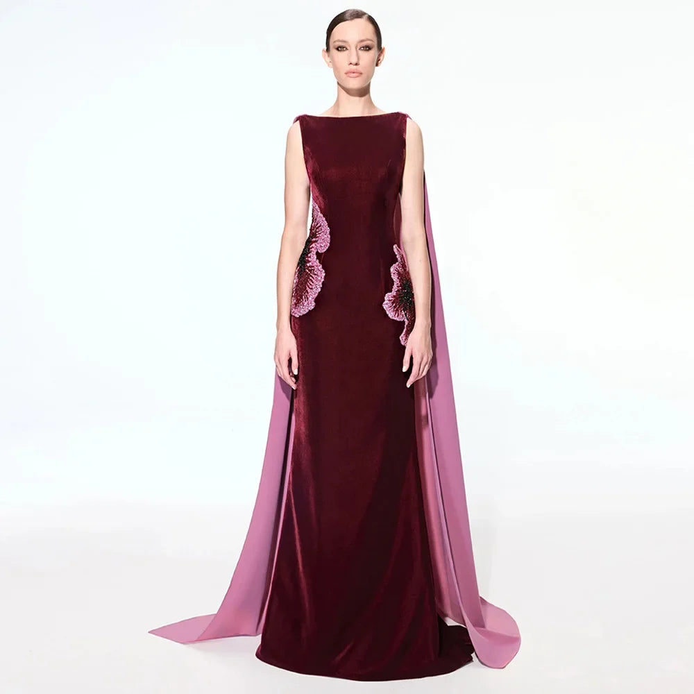 Prom Dress Open Back Customized Boat Neck Beading Sequined Saud Party Gown with Cape Dance Evening Dresses