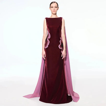 Prom Dress Open Back Customized Boat Neck Beading Sequined Saud Party Gown with Cape Dance Evening Dresses