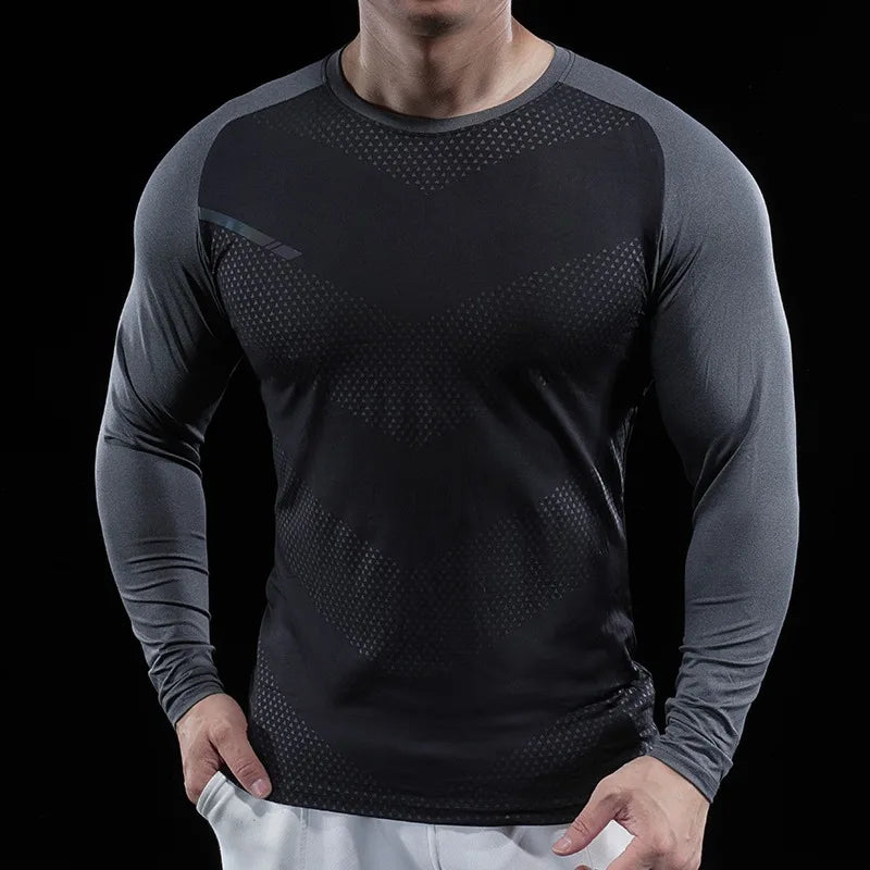 Autumn Winter Men Gym Fitness Display Long Sleeve T-Shirt Crew Neck Elastic Moisture Wicking Tights Running Training Bottom Top