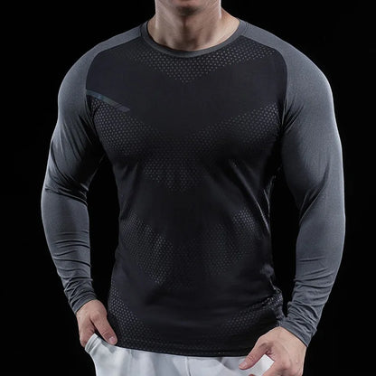 Autumn Winter Men Gym Fitness Display Long Sleeve T-Shirt Crew Neck Elastic Moisture Wicking Tights Running Training Bottom Top