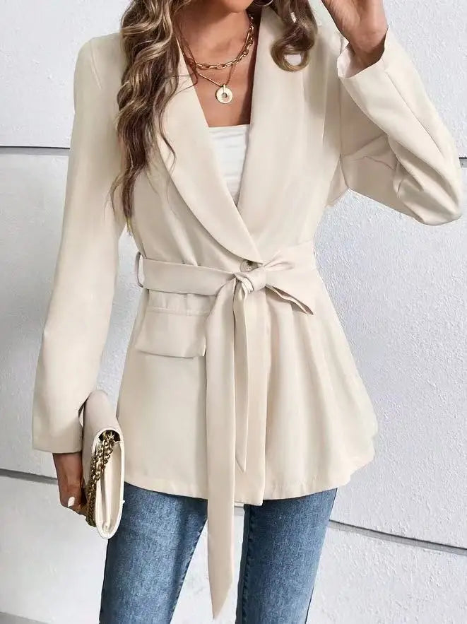 Fashionable Pure Color Long Sleeve Suit Jacket with Belt Waist Cinching Versatile Outerwear for Women Elegant Commute Style