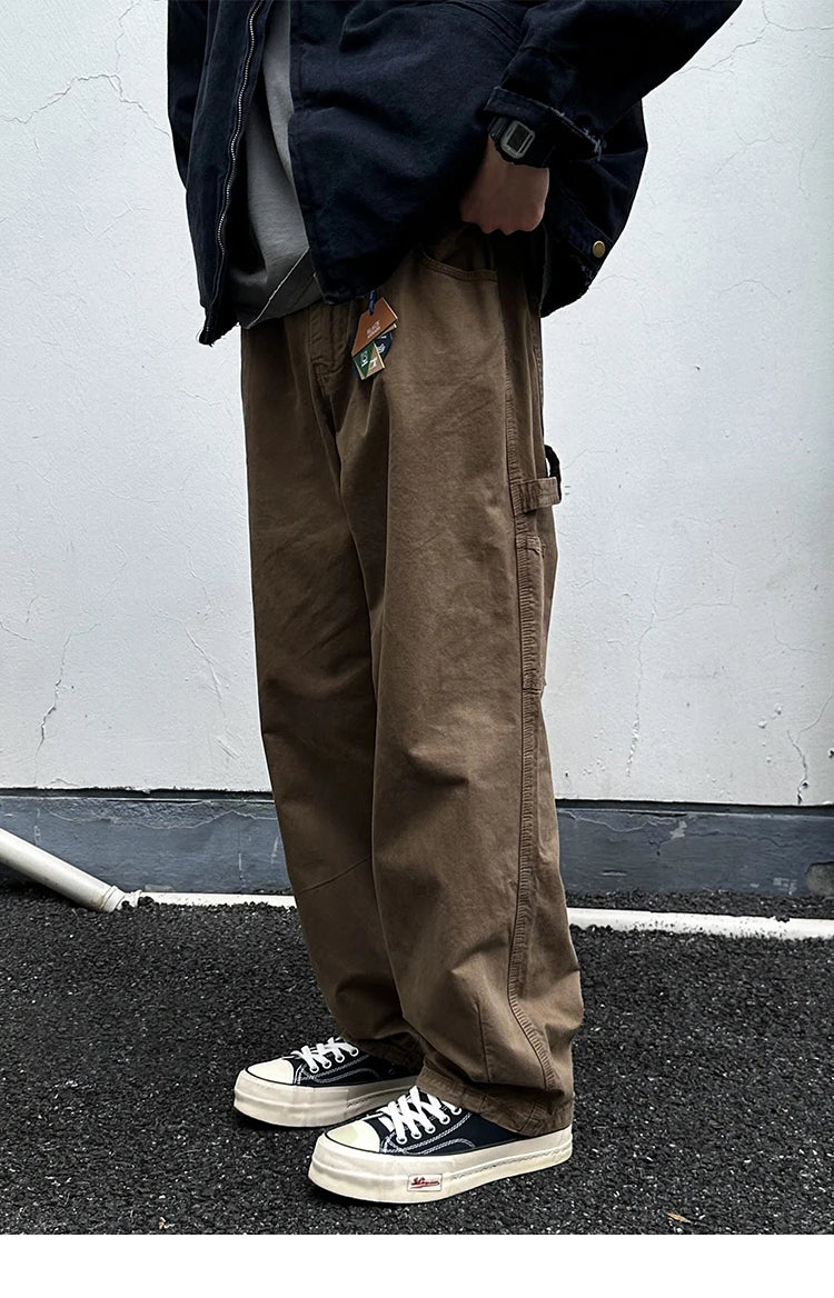 Korean Streetwear High Quality Double Gauge Twill Wash Cargo Pants For Men Clothing Harajuku Cotton Casual Straight Leg Trousers