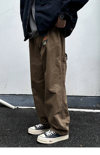 Korean Streetwear High Quality Double Gauge Twill Wash Cargo Pants For Men Clothing Harajuku Cotton Casual Straight Leg Trousers