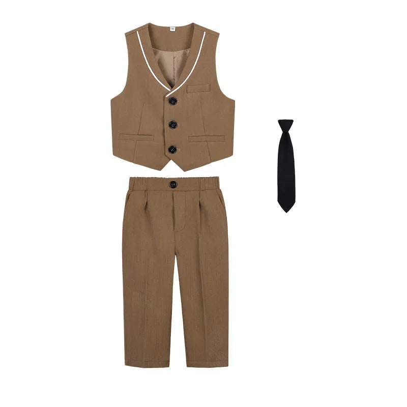 Children Spring Khaki Vest Shirt Pants Tie Photograph Suit Boys Formal Ceremony Tuxedo Dress Kids Wedding Performance Costume