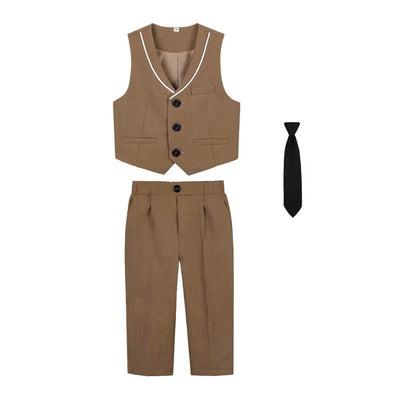 Children Spring Khaki Vest Shirt Pants Tie Photograph Suit Boys Formal Ceremony Tuxedo Dress Kids Wedding Performance Costume