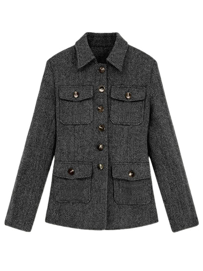Men's Herringbone Wool Blend Blazer Jacket Notch Collar Utility Multi-Pocket Casual Overcoat For Spring Autumn