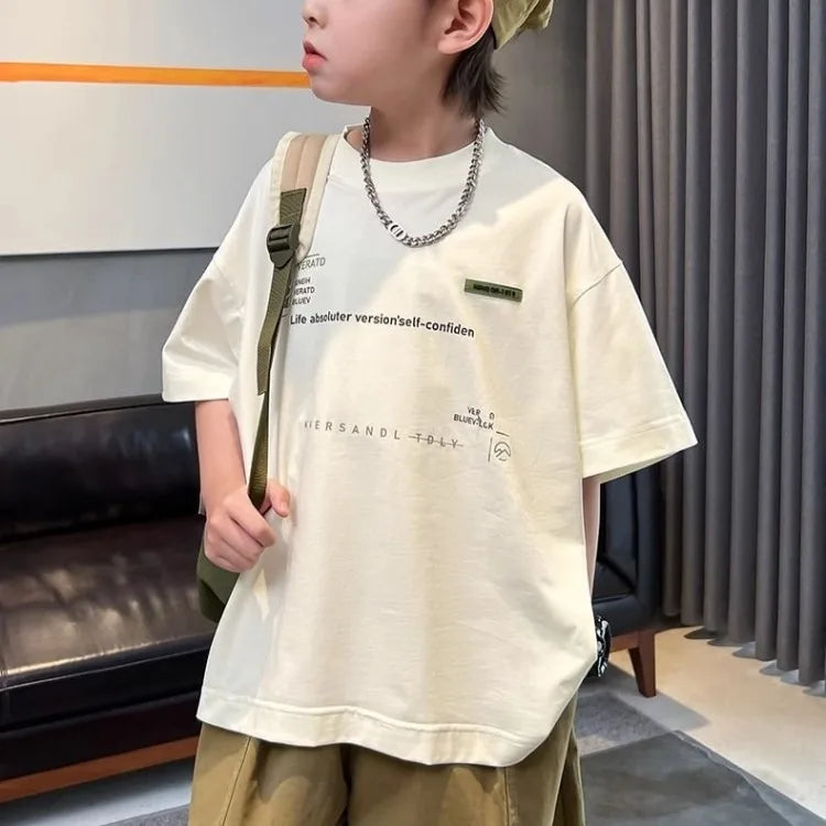 Cooling 100% Cotton Boys' Summer Short Sleeve T Shirt Big Tall Kids Loose Casual Trendy Hot Sale Apparel Wholesale