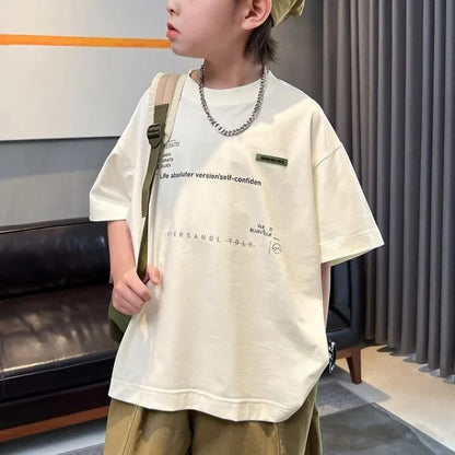 Cooling 100% Cotton Boys' Summer Short Sleeve T Shirt Big Tall Kids Loose Casual Trendy Hot Sale Apparel Wholesale