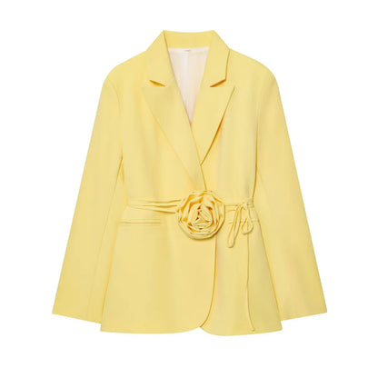 Women Notched Lapel Blazer with Floral Rose Belt Waist Tie Slim Long Sleeve Suit Jacket