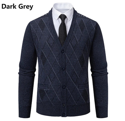Men Plaid Cardigan V-neck Fleece Sweater Men's  Autumn Clothing Classic Cardigans Jacket Button Mens Knitting Outwear