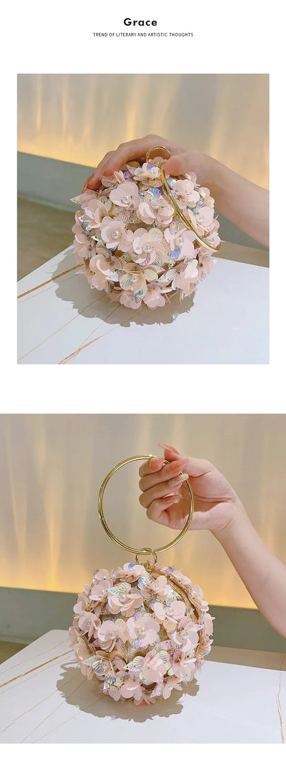 Mini Sequin Flower Evening Bag, Elegant Dinner Clutch Purse, Formal Round Banquet Handbag For Wedding Party Prom