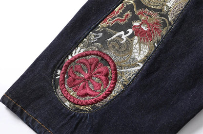Men Embroidery Denim Shorts Black Hiphop Jeans Pants Cherry Blossom Dragon Totem Washed Zipper Cotton Summer cherry blossoms 024