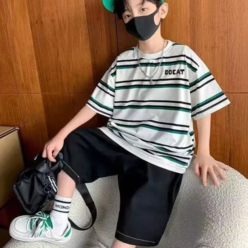 Striped Short-sleeved Shirt Boy Outfit 2025 Children's Clothing Toddler Cartoon Fashion Boys Set Kids Sweatshirt Summer Suit Top