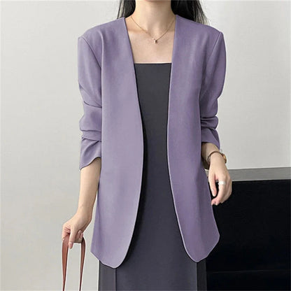 Fashion New Solid Casual Joker Women's Blazer Spring Autumn No Placket Cardigan Suit Jackets V-neck Long Sleeve 19-Color Coats