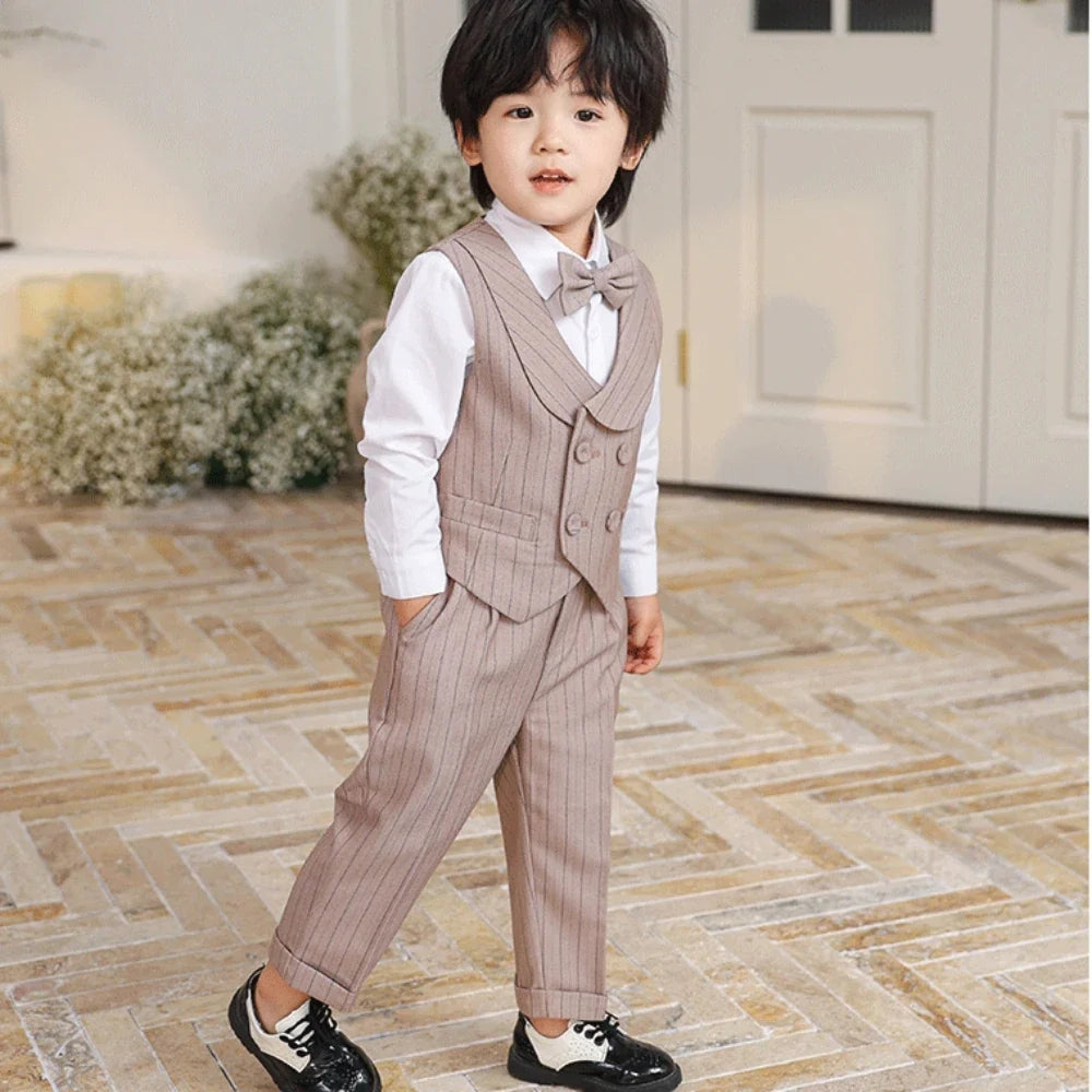 Children's Khaki Striped Suits 3 Pieces Vest Pants Bow-tie Kids Back-to-school Suit Set Wedding Birthday Party Outfit For Boys