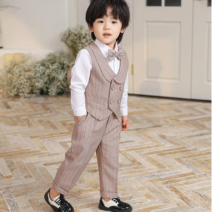 Children's Khaki Striped Suits 3 Pieces Vest Pants Bow-tie Kids Back-to-school Suit Set Wedding Birthday Party Outfit For Boys