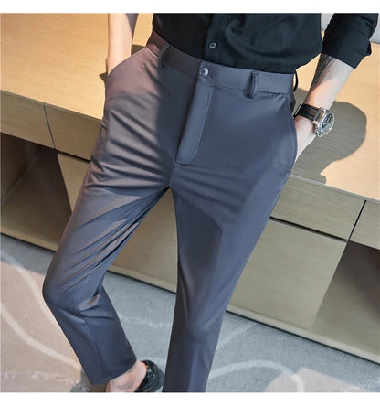 Mens Dress Pants Trousers 2025 Summer New Thin Breathable Solid Casual High Elastic Slim Fit Suit Pants Streetwear Men Clothing