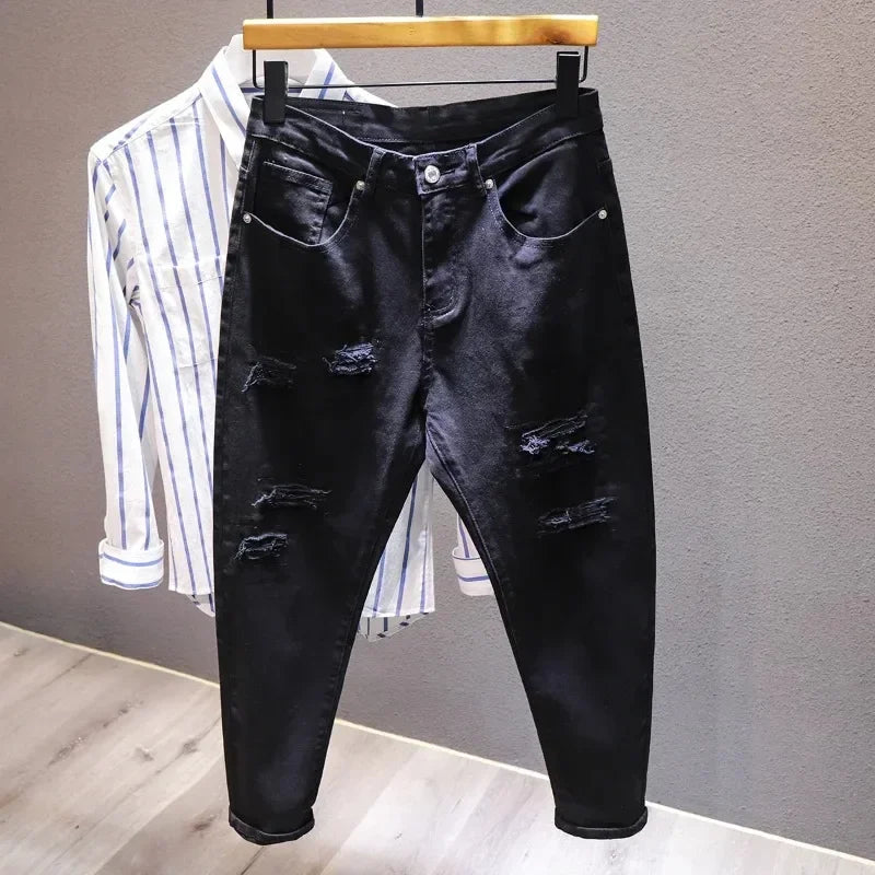 New Ripped Hole Jeans Men White Fashion Harem Male Pants  All-match Stretch Comfortable Streetwear Denim Trousers