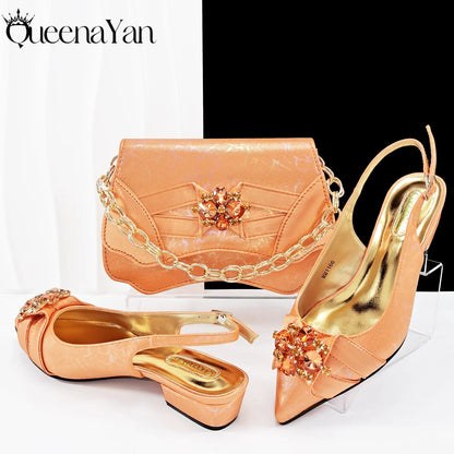 2025 New Summer Collection Stylish Italian Women’s Shoes and Bag Set Gold Colour Comfortable Low Heels With Rhinestone