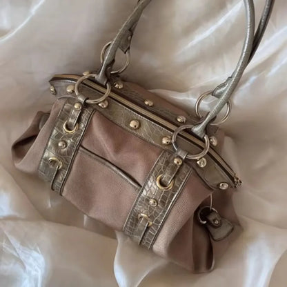 Vintage Style Y2K Patchwork Shoulder Bag Riveted Design Large Capacity Underarm Bag Handbags Women Casual Wear