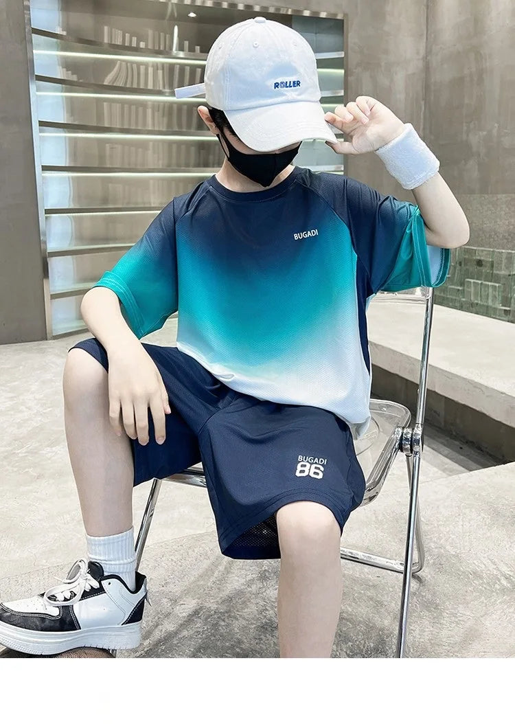 Summer Boys Gradient Quick-dry T-Shirt Top+Shorts Pant Sportswear Set School Kids 2PCS Tracksuit Children Jersey Outfit 5-16 Yr