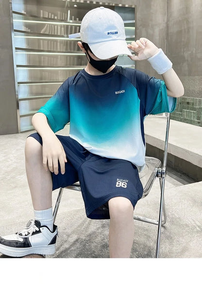 Summer Boys Gradient Quick-dry T-Shirt Top+Shorts Pant Sportswear Set School Kids 2PCS Tracksuit Children Jersey Outfit 5-16 Yr