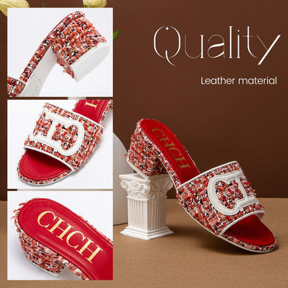 Middle heel square heel slippers fabric fashion casual shoes luxury brand slippers girls street commuter slippers
