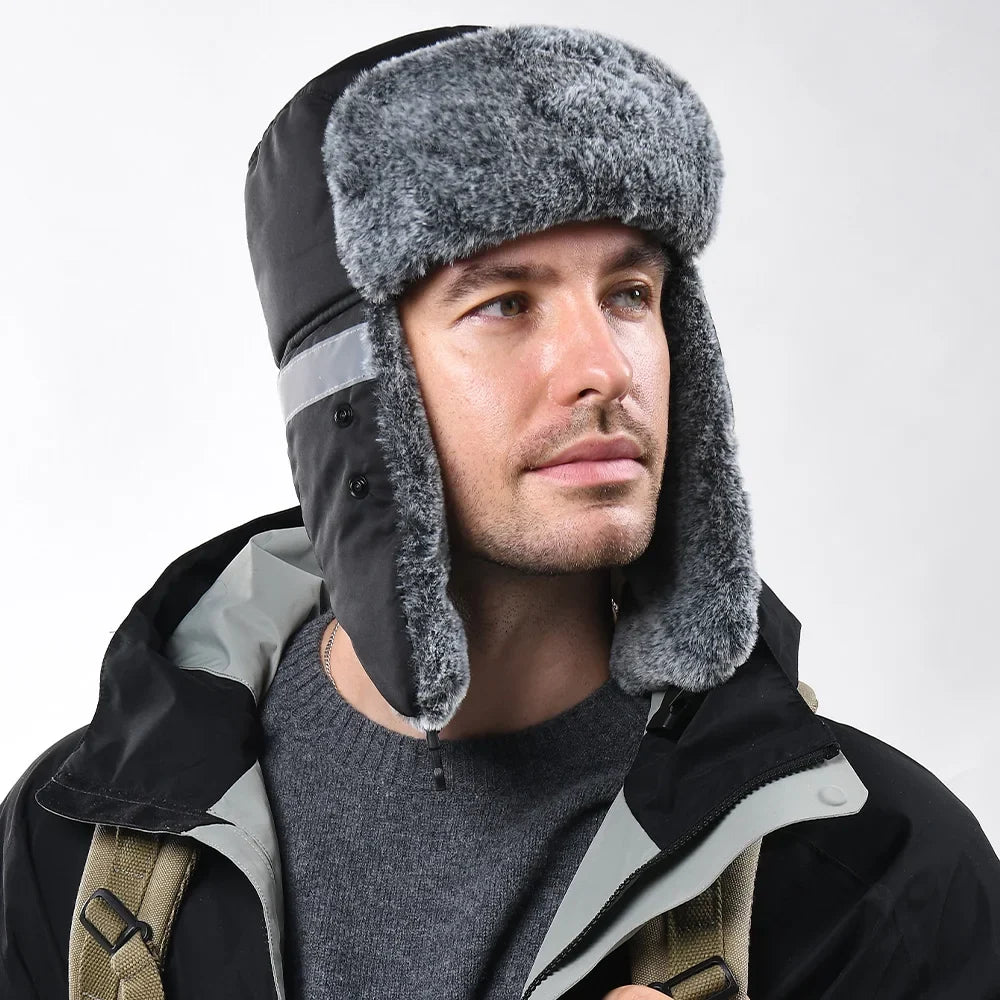 Men's Outdoor Fleece-Lined Thick Warm Reflective Strip Lei Feng Hat with Removable Mask Ear Flap Bomber Hat Winter Pilot Cap