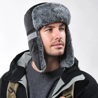 Men's Outdoor Fleece-Lined Thick Warm Reflective Strip Lei Feng Hat with Removable Mask Ear Flap Bomber Hat Winter Pilot Cap
