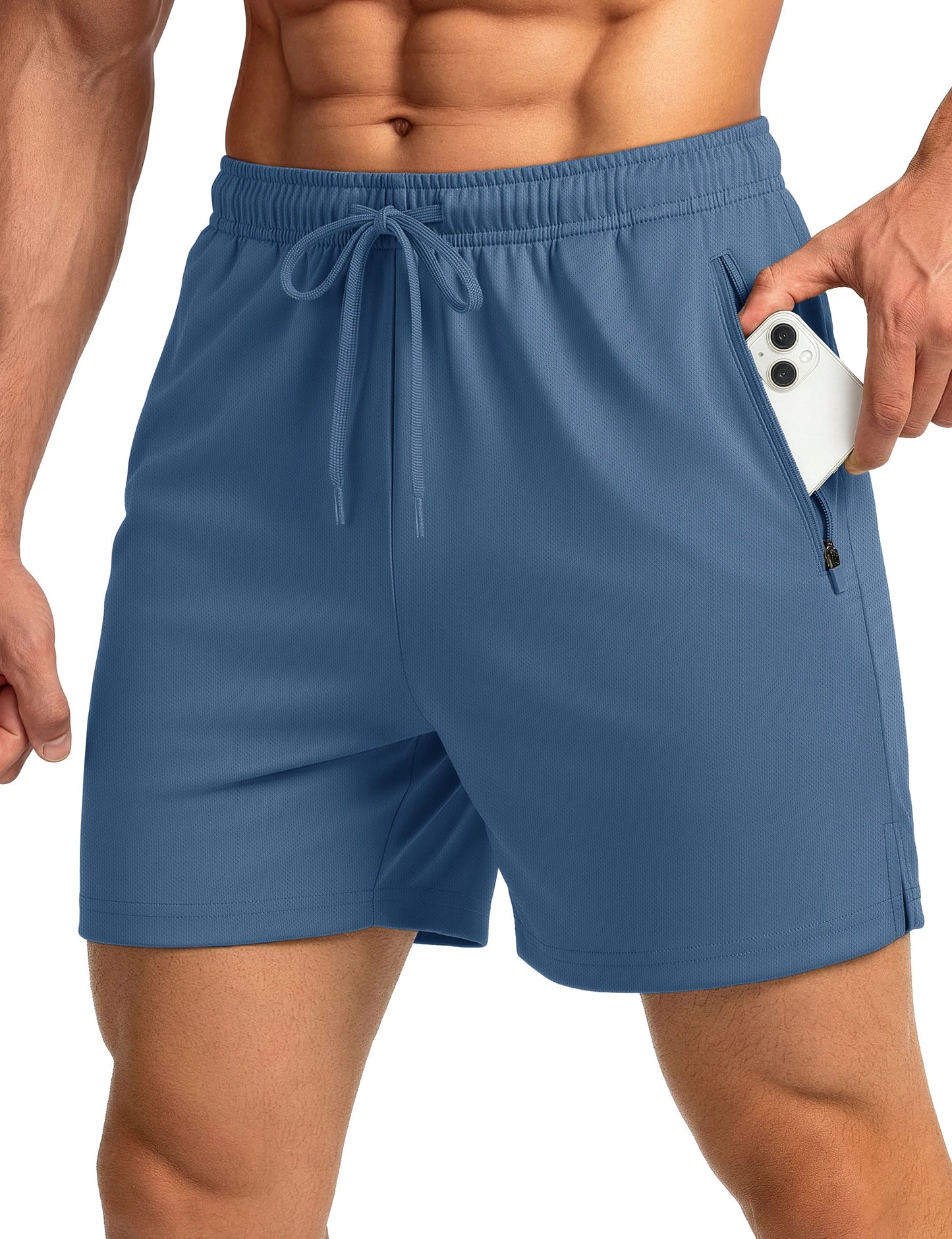 Men's Athletic Running Shorts Mesh Quick Dry Lightweight 5 inches Drawstring Gym Workout Shorts with Zipper Pockets