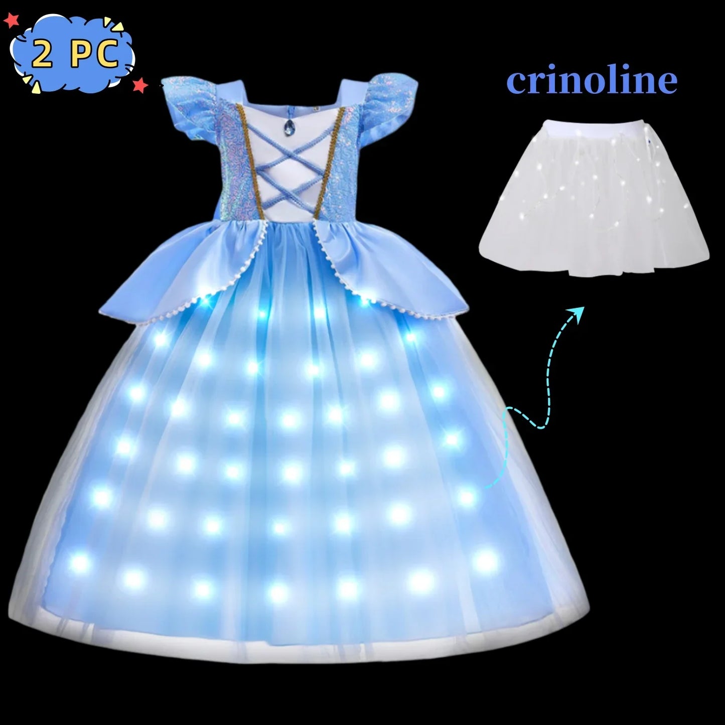 2026 Girl's Princess Cinderella Costume Classic Style Blue Ball Gown Dress Up with White Led Lights Outfit Dresses for Girls