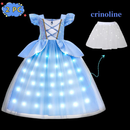 2026 Girl's Princess Cinderella Costume Classic Style Blue Ball Gown Dress Up with White Led Lights Outfit Dresses for Girls