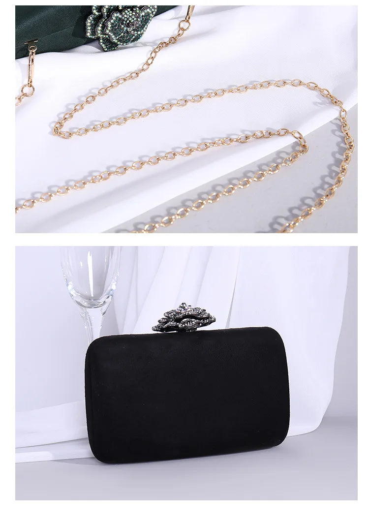 New Winter Velvet Clutch Bag  Diamond Flower Lock Elegant Evening Bag Luxury Designer Purse Wedding Chain Clutch