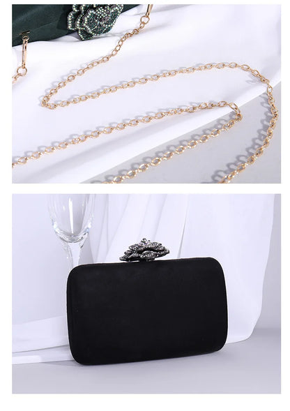 New Winter Velvet Clutch Bag  Diamond Flower Lock Elegant Evening Bag Luxury Designer Purse Wedding Chain Clutch