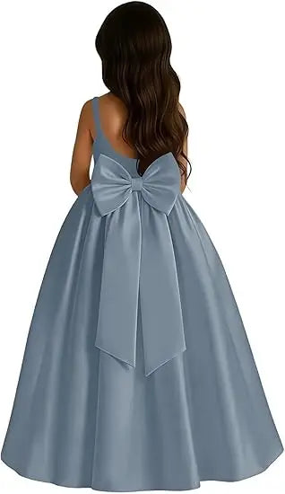 Long Ivory Satin Flower Girl Dresses for Wedding Bow Party Birthday Princess Dress Junior Bridesmaid First Holy Communion Gowns