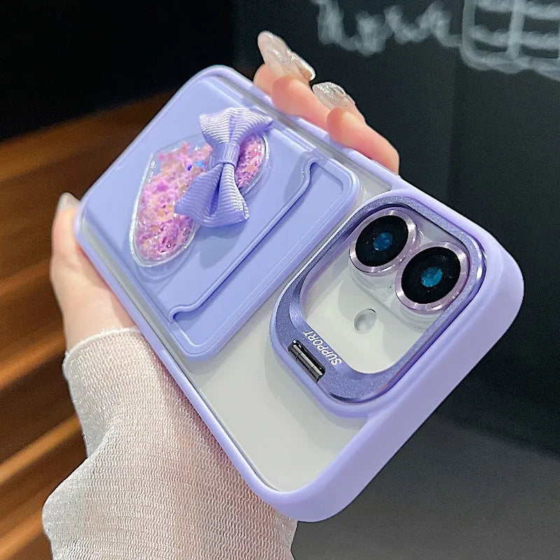 Luxury Metal Stand Exquisite Heart Card Bag Shock Proof Case for iPhone 17 16 15 14 13 12ProMax Plus Send camera protective film