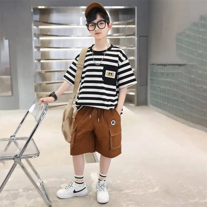 Stripes Children's Outdoor Clothes 4 Years Clothing Suit for Kids Boys Top Bottom Set Junior Shorts Summer Boy Child T-shirt 7 8