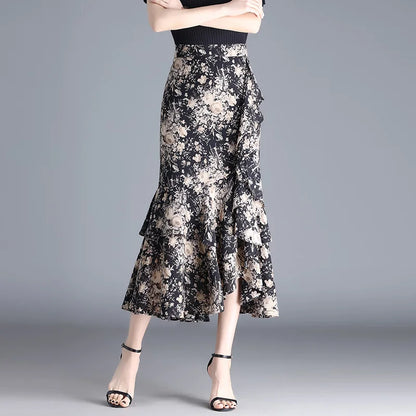Fashion Irregular Fishtail Chiffon Skirts Elegant High Waist Summer Luxury Party Skirt Female Ruffles Long Skirts