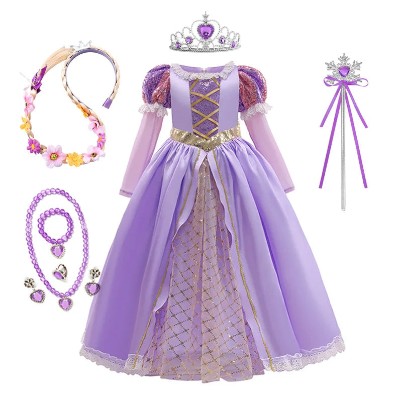 Princess Dress for Girls Tangled Cosplay Costume Kids Halloween Christmas Carnival Birthday Party Fancy Clothes