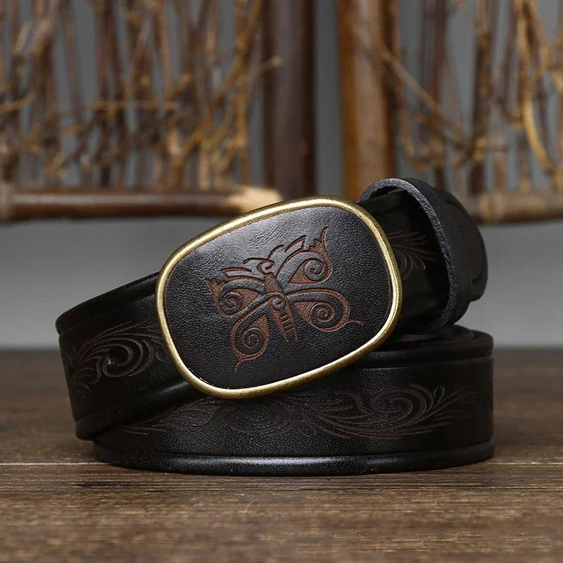 3.5CM Pure Cowhide High Quality Genuine Leather Belts for Men Laser Engraving Strap Male Smooth Buckle Jeans Cowboy Luxury