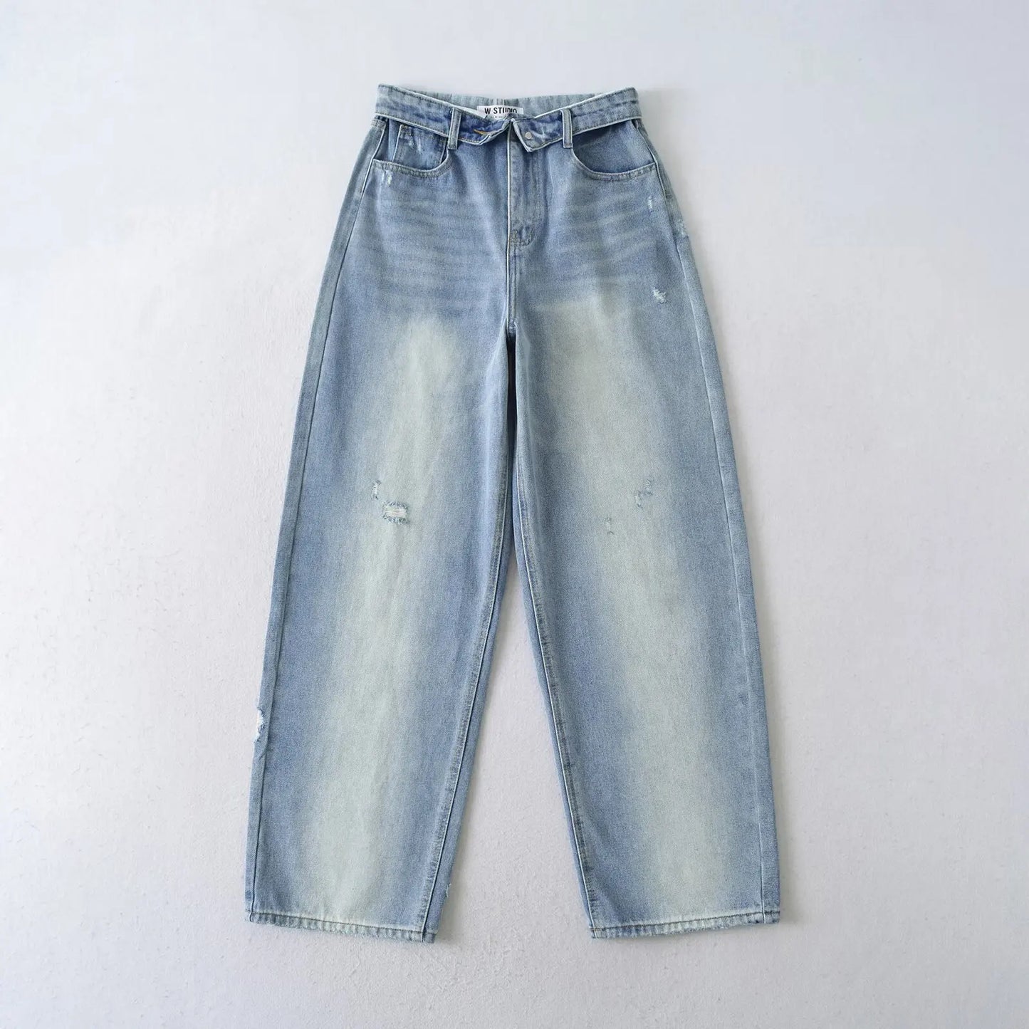 American Retro Cuffed High Waist Slimming Casual Denim Jeans Women's Autumn Versatile Loose Straight Leg Floor-Length Pants