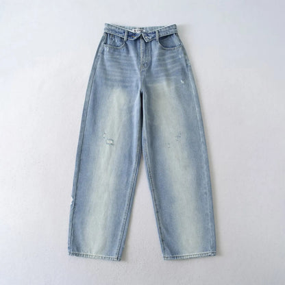 American Retro Cuffed High Waist Slimming Casual Denim Jeans Women's Autumn Versatile Loose Straight Leg Floor-Length Pants