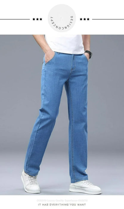 Summer Thin Men's Elastic Cotton Jeans Fashion Business Straight Casual Denim Pants Male Work Clothes Slim Trousers Plus Size 40
