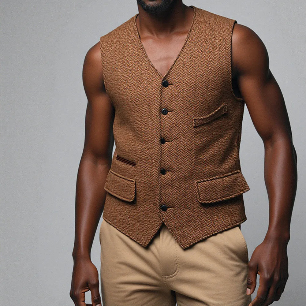 New Arrival V Neck Herringbone Men's Wastcoat Tweed  Pocket Suit Vest  Business Vest For Groomsmen For Wedding