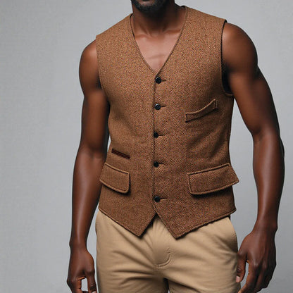 New Arrival V Neck Herringbone Men's Wastcoat Tweed  Pocket Suit Vest  Business Vest For Groomsmen For Wedding