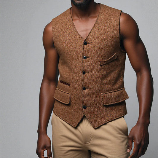 New Arrival V Neck Herringbone Men's Wastcoat Tweed  Pocket Suit Vest  Business Vest For Groomsmen For Wedding