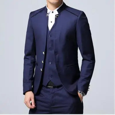 Black Stand Collar Men's 3-Piece, Wedding Party Blazer Jacket and Vest with Pants, Blue Asian Size Slim Fit Sets.